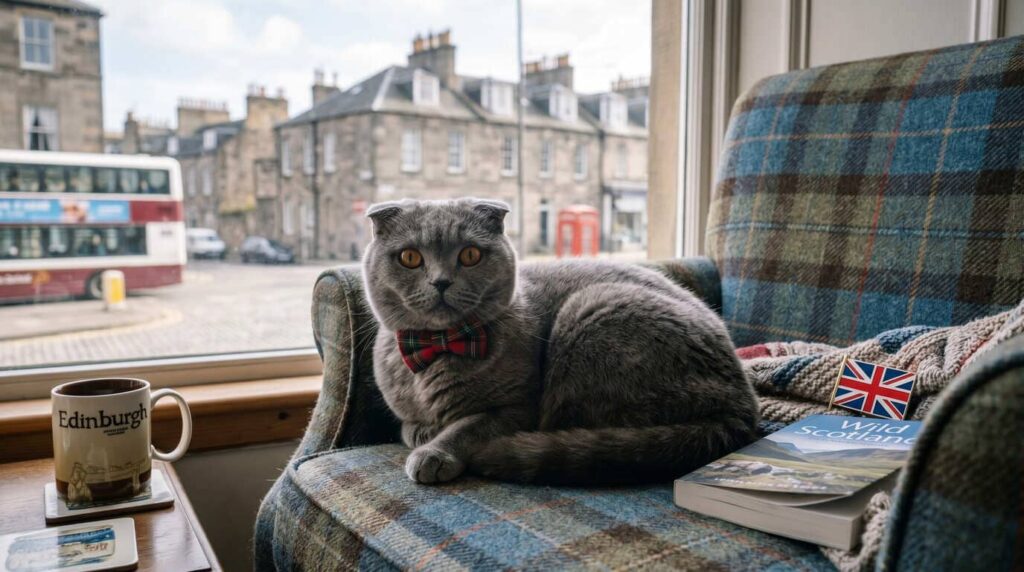 A grey Scottish Fold cat wearing a red tartan bowtie, sitting on a plaid armchair in an Edinburgh apartment with a view of historic stone buildings and a red double-decker bus in the background.
