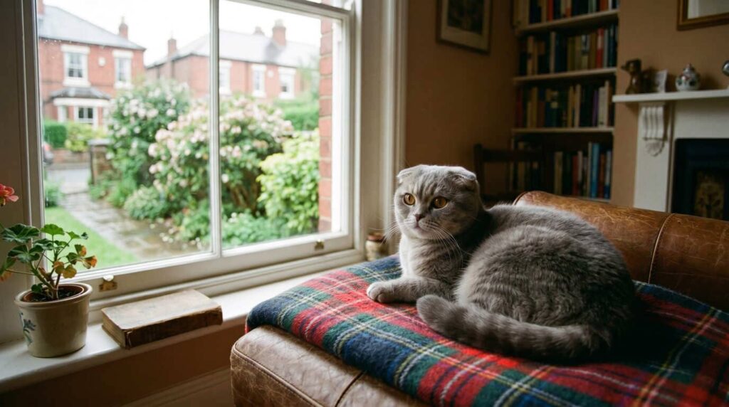 A grey Scottish Fold cat with large orange eyes and signature folded ears, resting on a plaid blanket over a leather sofa next to a window overlooking a lush garden in the UK.