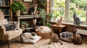 A high-quality photo capturing ten popular cat breeds in a cozy UK home setting, including a Persian, Siamese, Sphynx, Bengal, British Shorthair, and others together in one room.