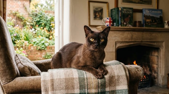 Burmese cat with a solid brown coat and golden eyes resting on an armchair by a fireplace