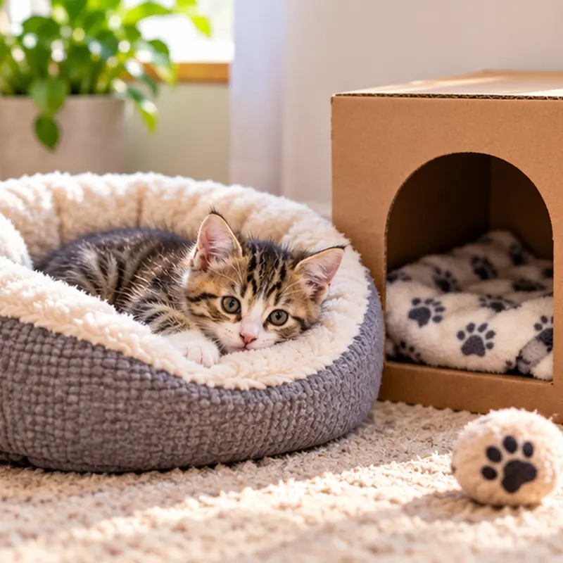 Tabby kitten curled up in a soft grey cat bed beside a cardboard hideaway lined with a paw-print blanket