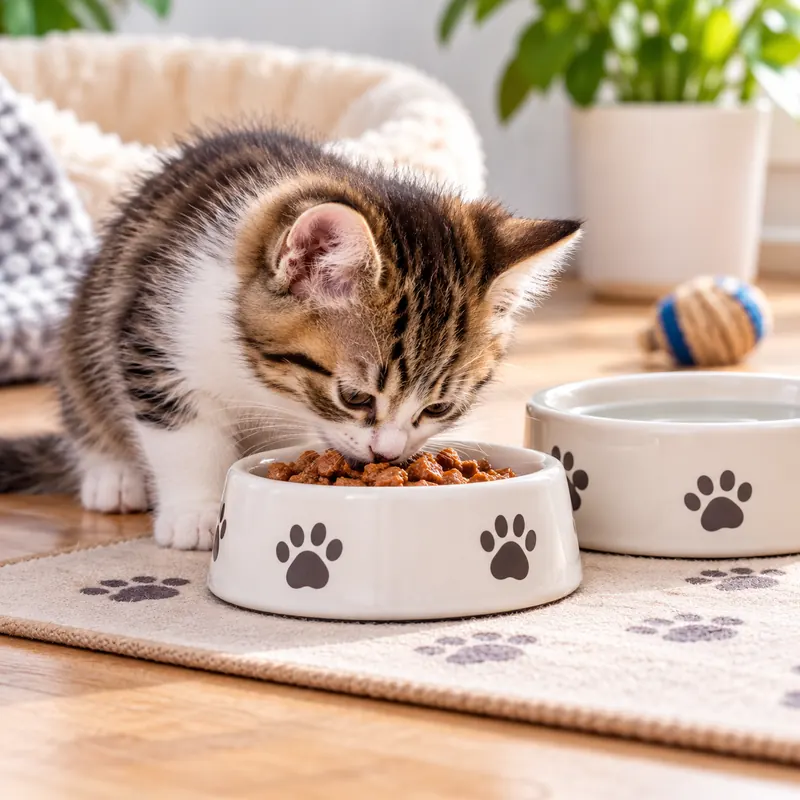 Tabby and white kitten eating wet food from a paw-print bowl, with a second bowl of water beside it