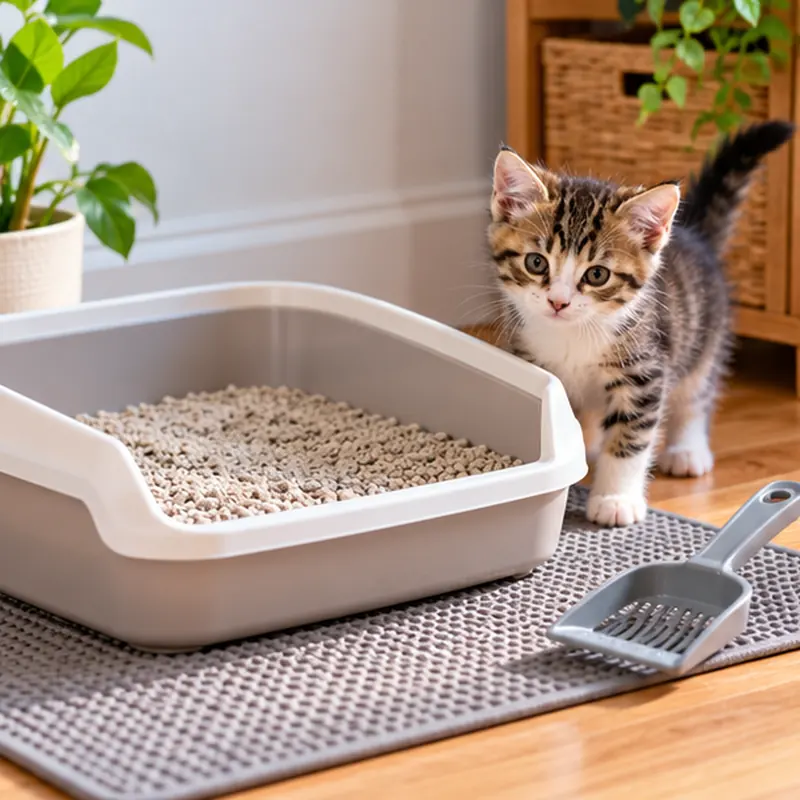 Kitten standing beside a low-sided litter tray with litter, a scoop and a textured mat on a wooden floor