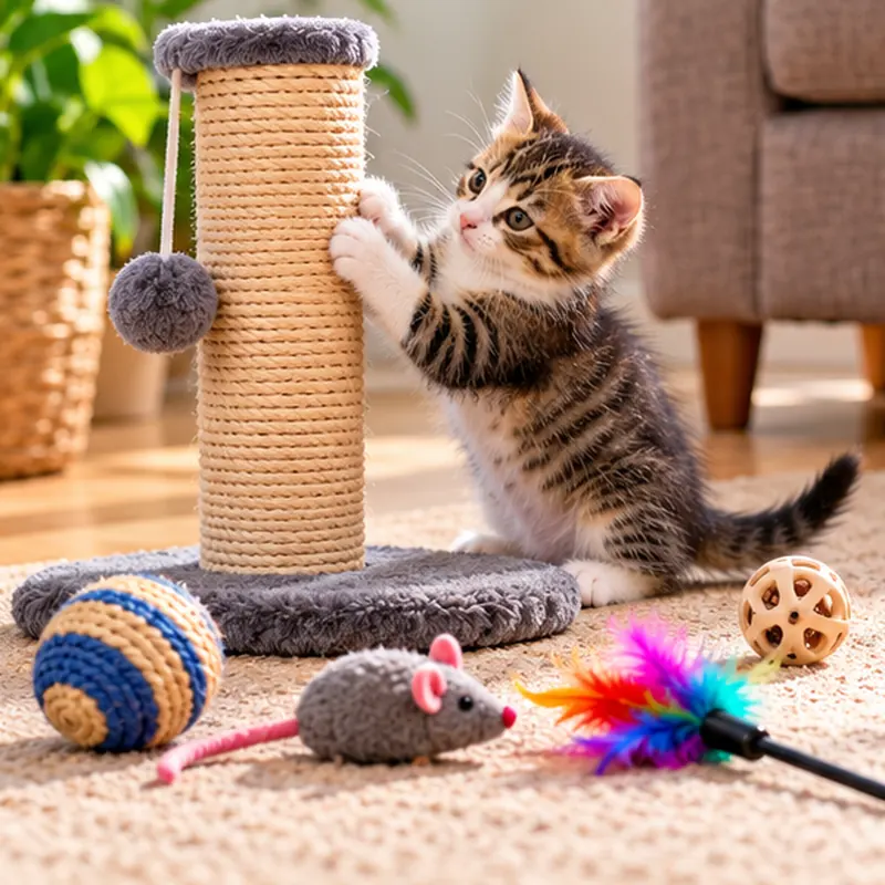 Kitten reaching up to scratch a sisal post, with a toy mouse, feather wand and balls on the carpet