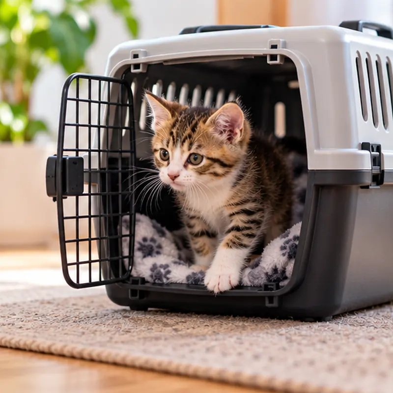 Kitten stepping out of an open plastic cat carrier lined with a soft paw-print blanket