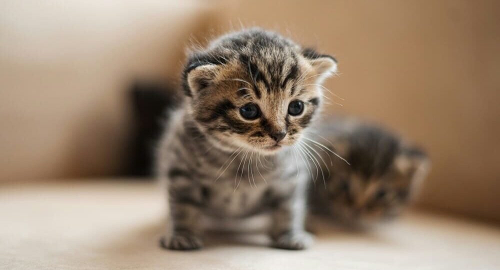 Tiny newborn tabby kitten with big dark eyes walking on a cream sofa, with a second kitten blurred behind.